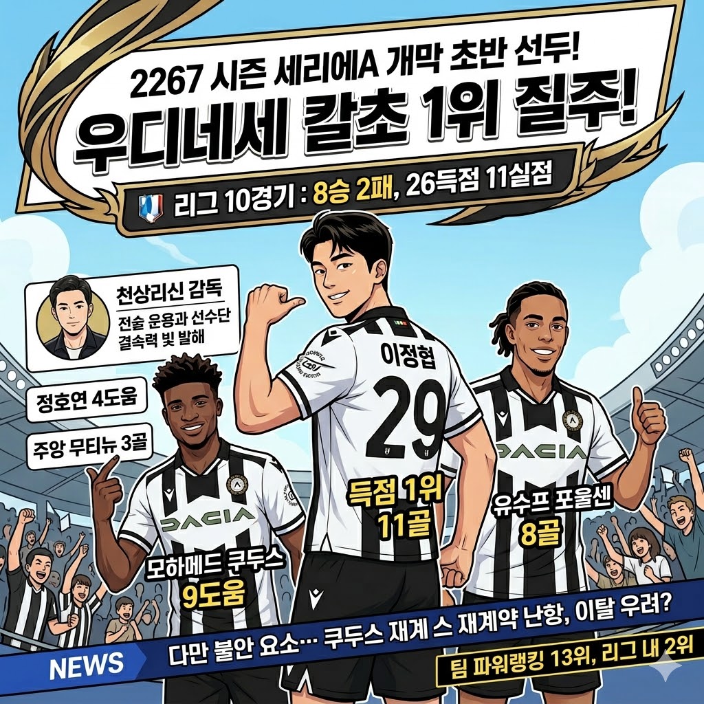 이정협 11골 폭격, 우디네세 세리에A 독주