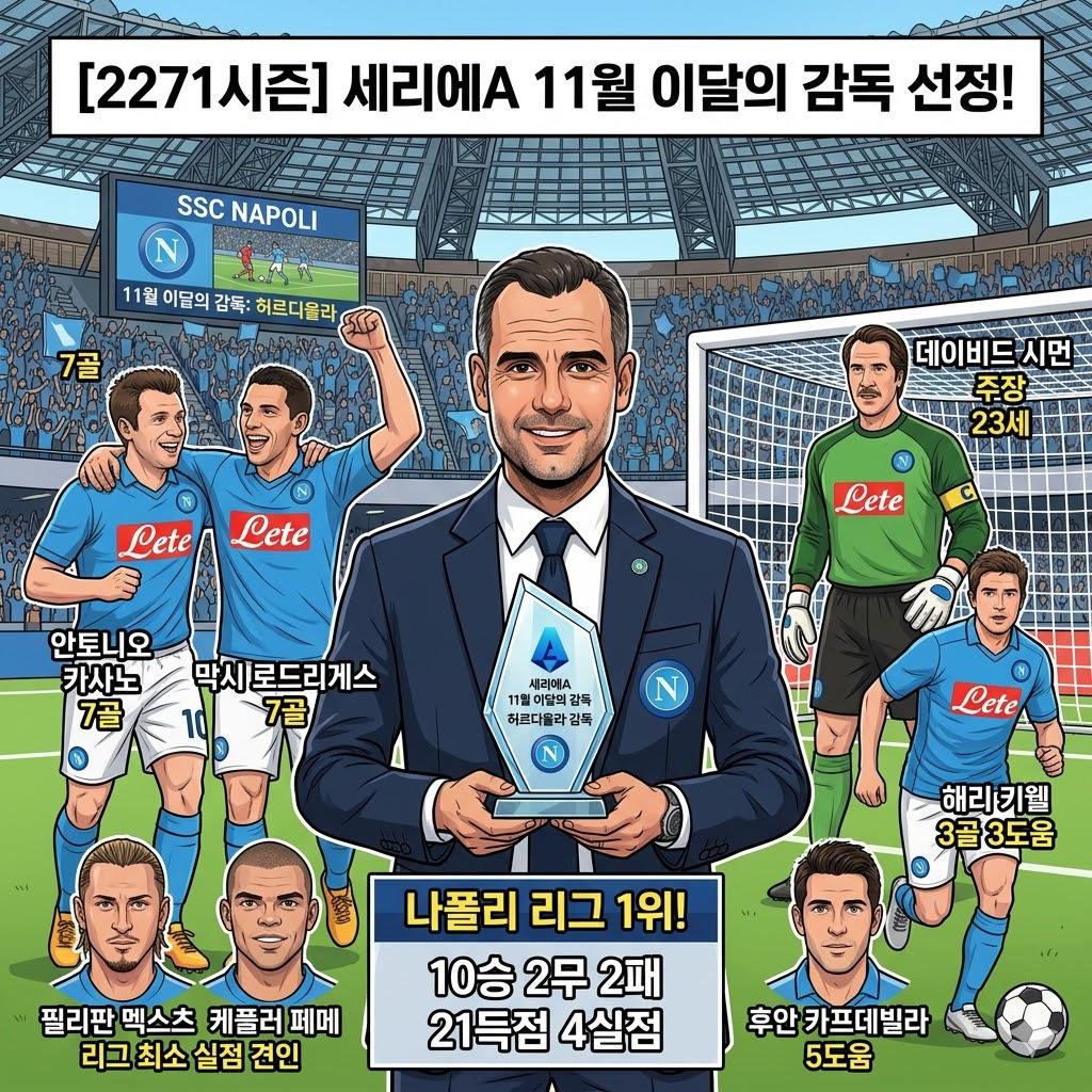 허르디올라의 나폴리, 압도적 1위로 11월 최우수 감독
